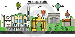 Mexico, Leon. City skyline, architecture, buildings, streets, silhouette, landscape, panorama, landmarks. Editable