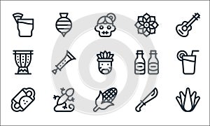 mexico line icons. linear set. quality vector line set such as agave, corn, fajitas, machete, gecko, drum, beers, dalia, spinning