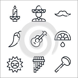 Mexico line icons. linear set. quality vector line set such as coa de jima, zampona, sun, lime, guitar, chilli, moustache, photo