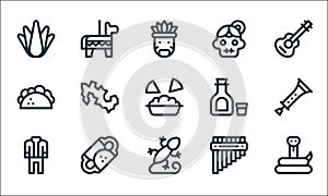 mexico line icons. linear set. quality vector line set such as snake, gecko, mariachi, zampona, fajitas, taco, tequila, catrina, photo