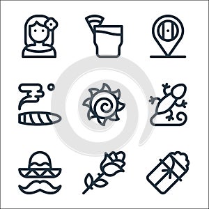 mexico line icons. linear set. quality vector line set such as tamales, rose, mexican hat, gecko, sun, cigar, mexico, tepache