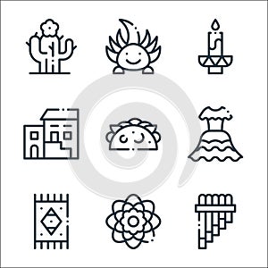 mexico line icons. linear set. quality vector line set such as zampona, dalia, rug, dress, tacos, traditional, candle, ajolote photo