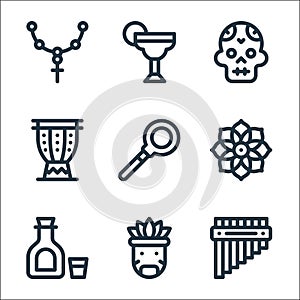 mexico line icons. linear set. quality vector line set such as zampona, mexican, tequila, dalia, coa de jima, drum, skull, photo