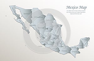 Mexico map, administrative division with names, white blue card paper 3D