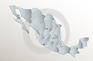 Mexico map, administrative division, white blue card paper 3D blank