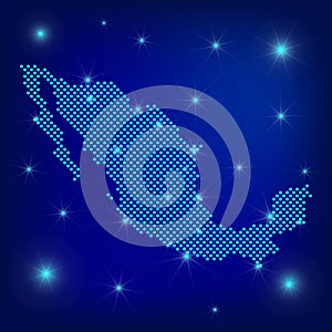 Mexico map in blue. Dotted map. Dots  Mexico map with spotlights on dark blue background.  Global social network.  Blue futuristic