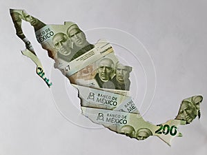 Mexico map formed with Mexican banknotes of 200 pesos and white background