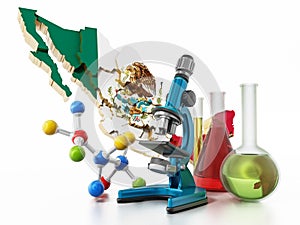 Mexico map and laboratory tools. Narcotics concept. 3D illustration