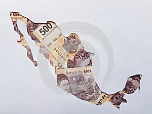 Mexico map with mexican banknotes and white background