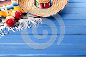 Mexico, Mexican background sombrero blanket wood copy space