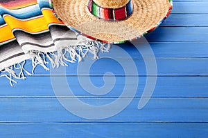 Mexico, Mexican sombrero wood background copy space