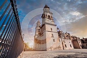 Mexico, Michoacan, famous scenic Morelia Cathedral located on Plaza de Armas in historic city center