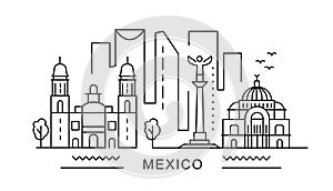 Mexico minimal style City Outline Skyline with Typographic. Vector cityscape with famous landmarks. Illustration for