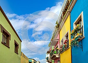 Mexico, Monterrey, colorful historic buildings in the center of the old city, Barrio Antiguo, a famous tourist photo