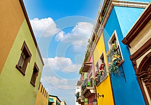 Mexico, Monterrey, colorful historic buildings in the center of the old city, Barrio Antiguo, a famous tourist photo