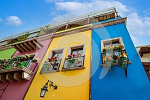 Mexico, Monterrey, colorful historic buildings in the center of the old city, Barrio Antiguo, a famous tourist photo