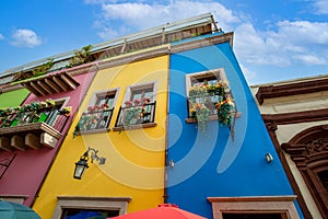 Mexico, Monterrey, colorful historic buildings in the center of the old city, Barrio Antiguo, a famous tourist photo