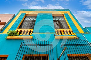 Mexico, Monterrey, colorful historic buildings in the center of the old city, Barrio Antiguo, a famous tourist photo