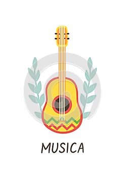 Mexico musica culture print. Mariachi logo. Hand drawn guitar icon. Day of the Dead card. Dia de los Muertos poster photo