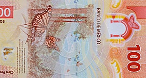 Mexico new 100 pesos banknote close up Mexican money bills currency photo