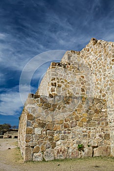 Mexico Oaxaca Monte Alban pyramide wall and sky