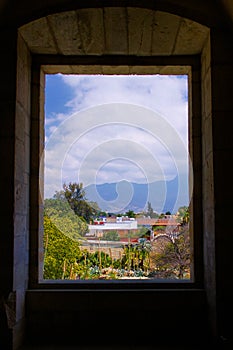 Mexico Oaxaca Santo Domingo monastery view from window to town c