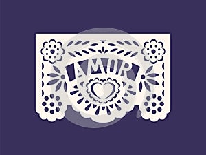 Mexico Papel Picado for Dia de los Muertos, Day of the Dead. Pecked paper flag with flower pattern with Mexican Amor photo