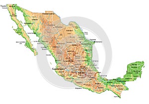 High detailed Mexico physical map with labeling.