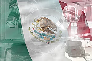 Mexico science development conceptual background - microscope on flag. Research in nanotechnology or genetics, 3D illustration of