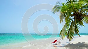 Mexico sea beach background. Beach chairs stand in clear waves