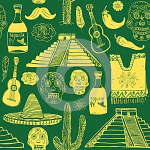 Mexiko bezšvový vzor čmáranice prvky ručně malované skica mexičan tradičný klobúk pončo kaktus a fľaša 