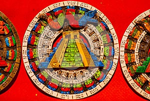 Mexico. Souvenirs for tourists in the market. Image of the Mayan pyramid