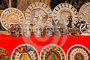 Mexico. Souvenirs for tourists in the market. Image of the Mayan pyramid