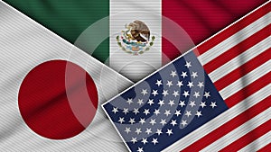 Mexico United States of America Japan Flags Together Fabric Texture Illustration