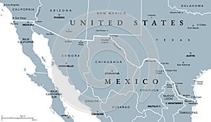 Mexico-United States border, gray political map