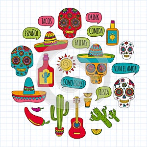 Mexico vector pattern. Day of the Dead. Icons for posters, banners, backgrounds.