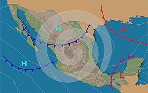 Mexico.Weather map of the Mexico. Meteorological forecast. Realistic and Editable synoptic map of the country showing