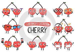 Cute cherry cartoon characters set.