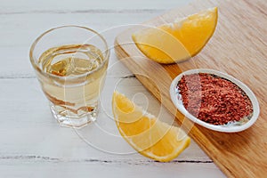 Mezcal shot with chili salt and agave worm, mexican drink in mexico photo