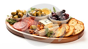 Meze platter, Turkish appetizer on white background