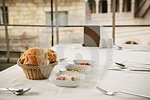 Meze small dishes on the table: hummus, Antep Ezmesi