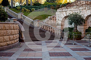 Mezhyhirya, Ukraine - November 7, 2020: Greek corner of the Mezhyhirya residence. Mromor staircase