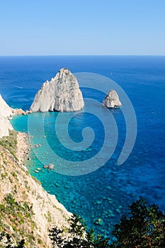 Mezithres cliffs and clear blue ionic sea in Keri, Zakynthos. Greece