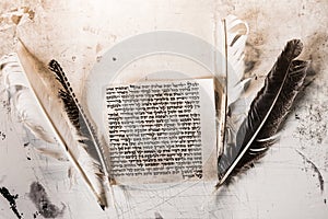 Mezuzah parchment made from animal skin with the full text of the Shema Yisrael Jewish prayer in Hebrew and the feather quills photo