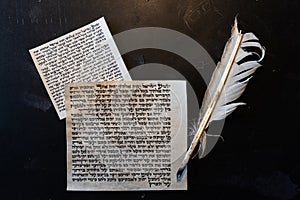 Mezuzah parchments made from animal skin with the full text of the Shema Yisrael Jewish prayer in Hebrew and the feather quill photo