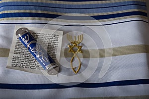 Mezuzah scrolls on a beautiful white tallit