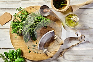 Mezzaluna knife with assorted fresh herbs photo