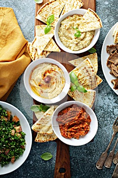 Mezze board with pita and dips