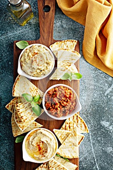 Mezze board with pita and dips