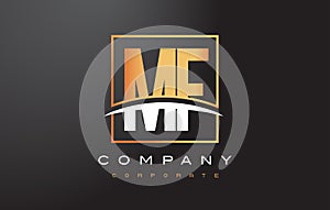 MF M F Golden Letter Logo Design with Gold Square and Swoosh.